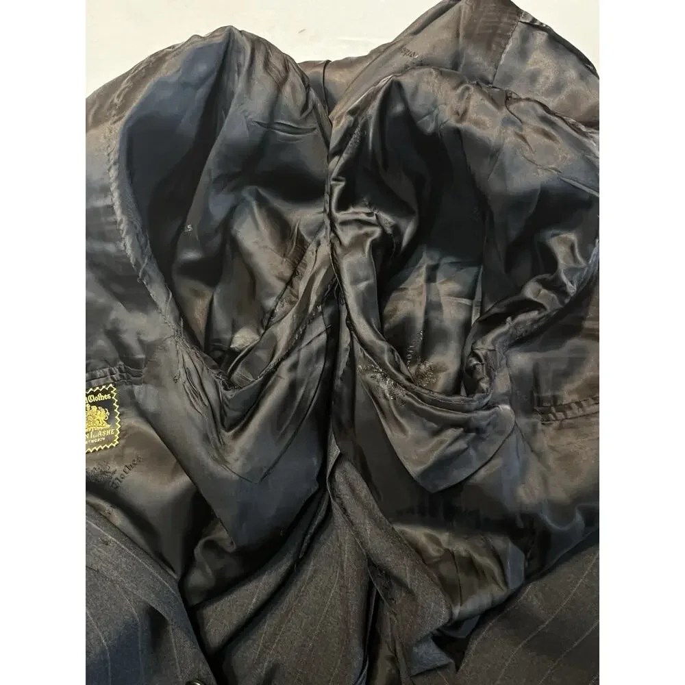 Vtg Oxxford Suit 44L 39x29 Gray-Black Subtle Red Stripe 1/4 Lined High Rise